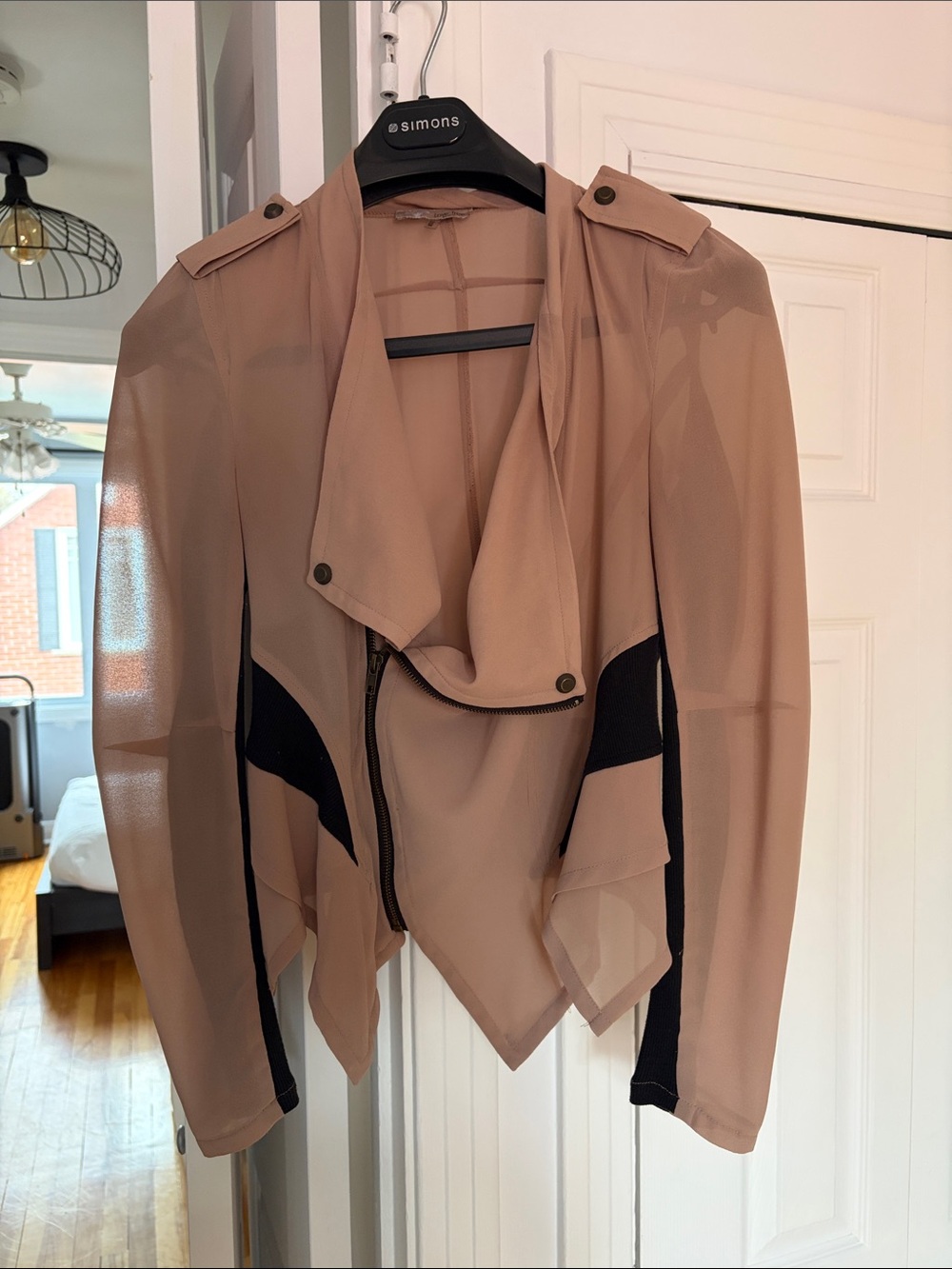 Love Tree Sheer Taupe Draped Jacket with Black Panels